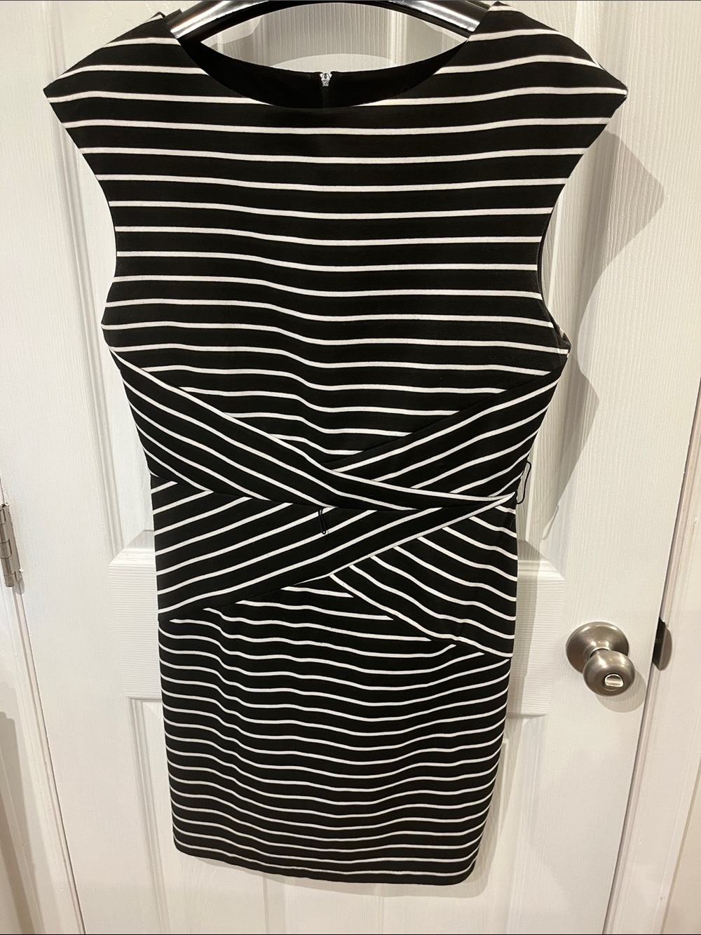 Iz Byer Black and White Striped Mini Sheath Dress